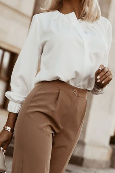 Button Up Round Neck Long Sleeve Shirt